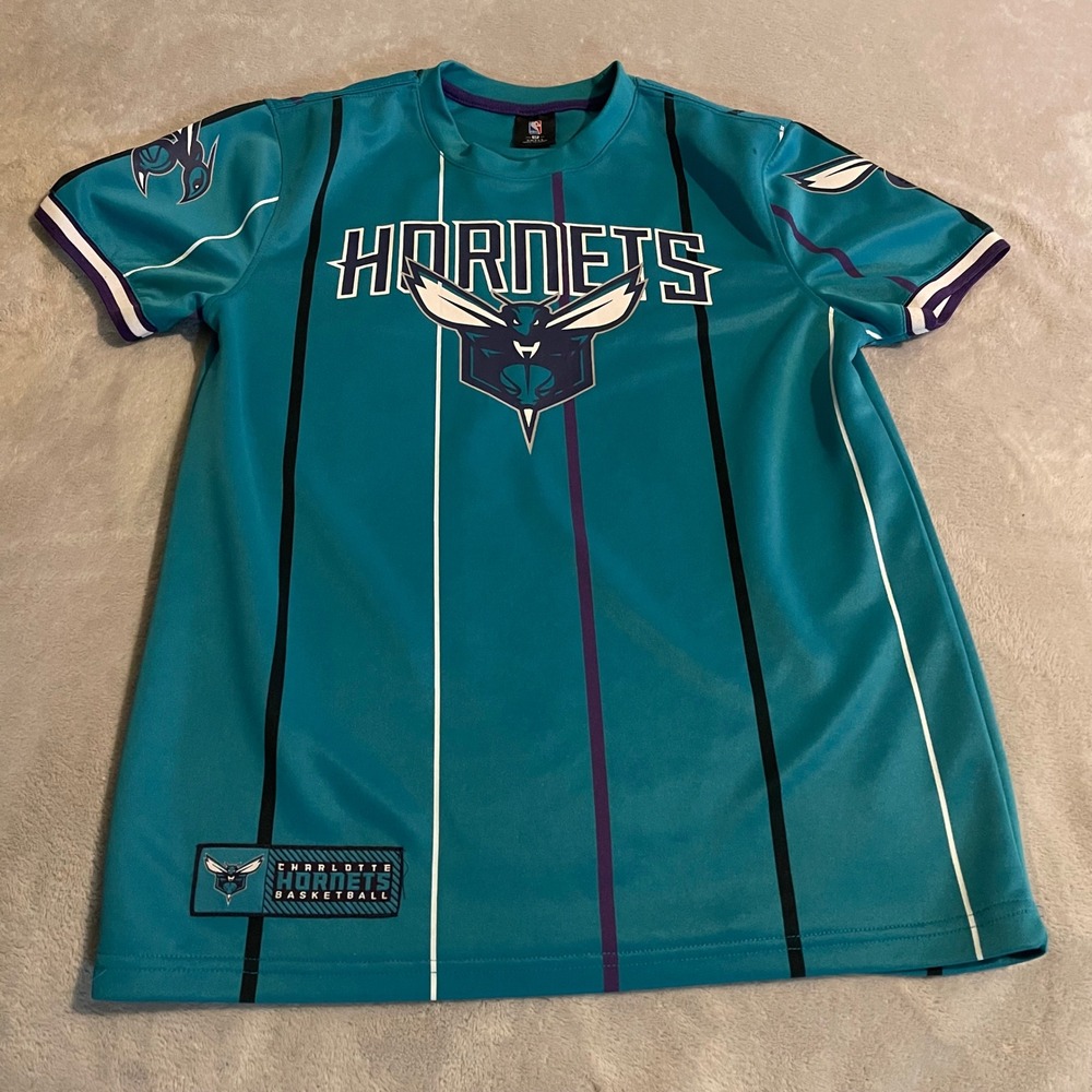 Charlotte Hornets NBA Basketball Jersey Shirt Men Small Teal Pinstripe Polyester